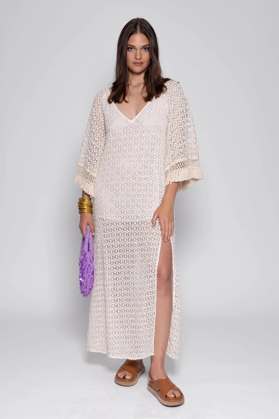 Sundress Rose Crochet Sequins Dress In Off White