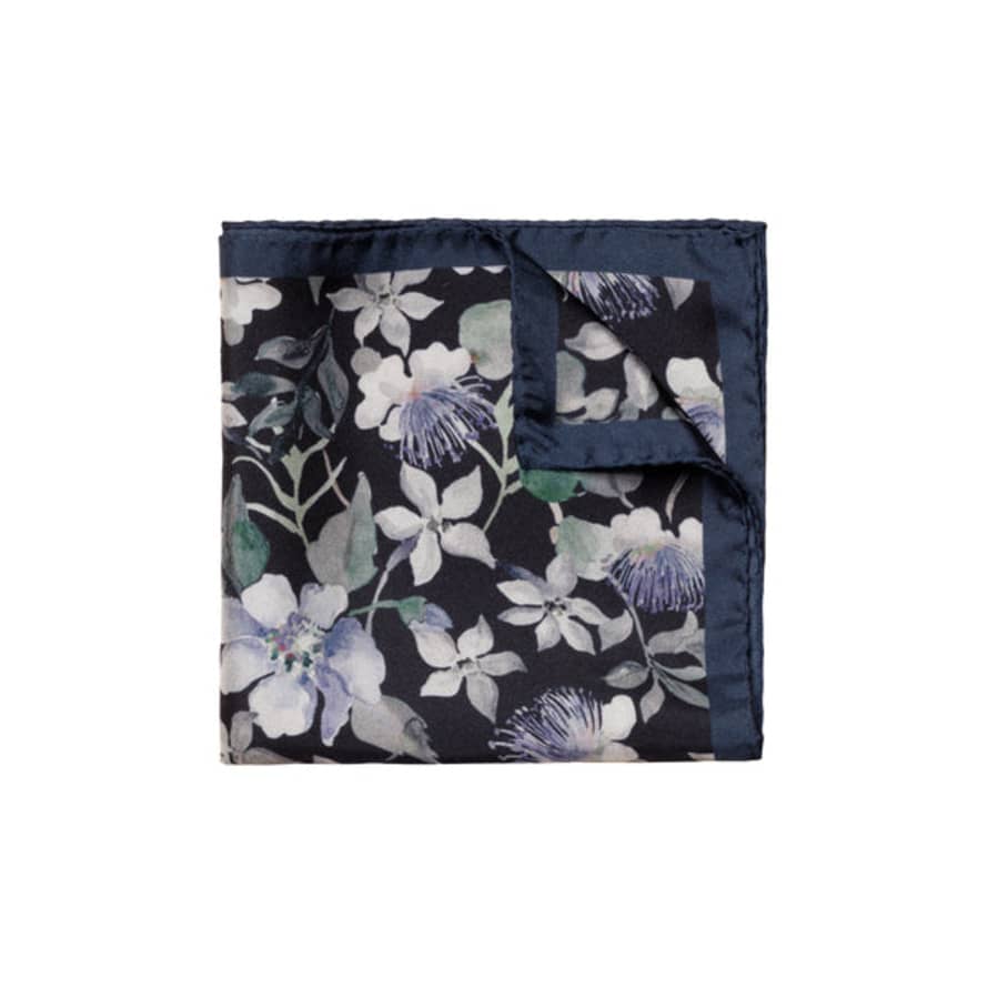 ETON Navy Silk Pocket Square with Blue Floral