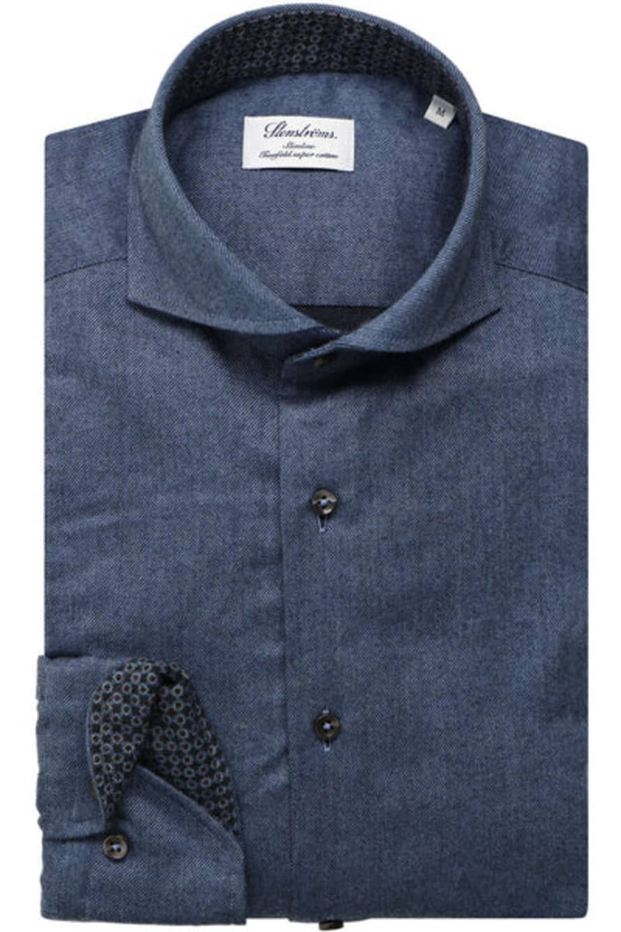 Stenstroms Blue Luxury Flannel Slimline Casual Shirt with Contrast Trim