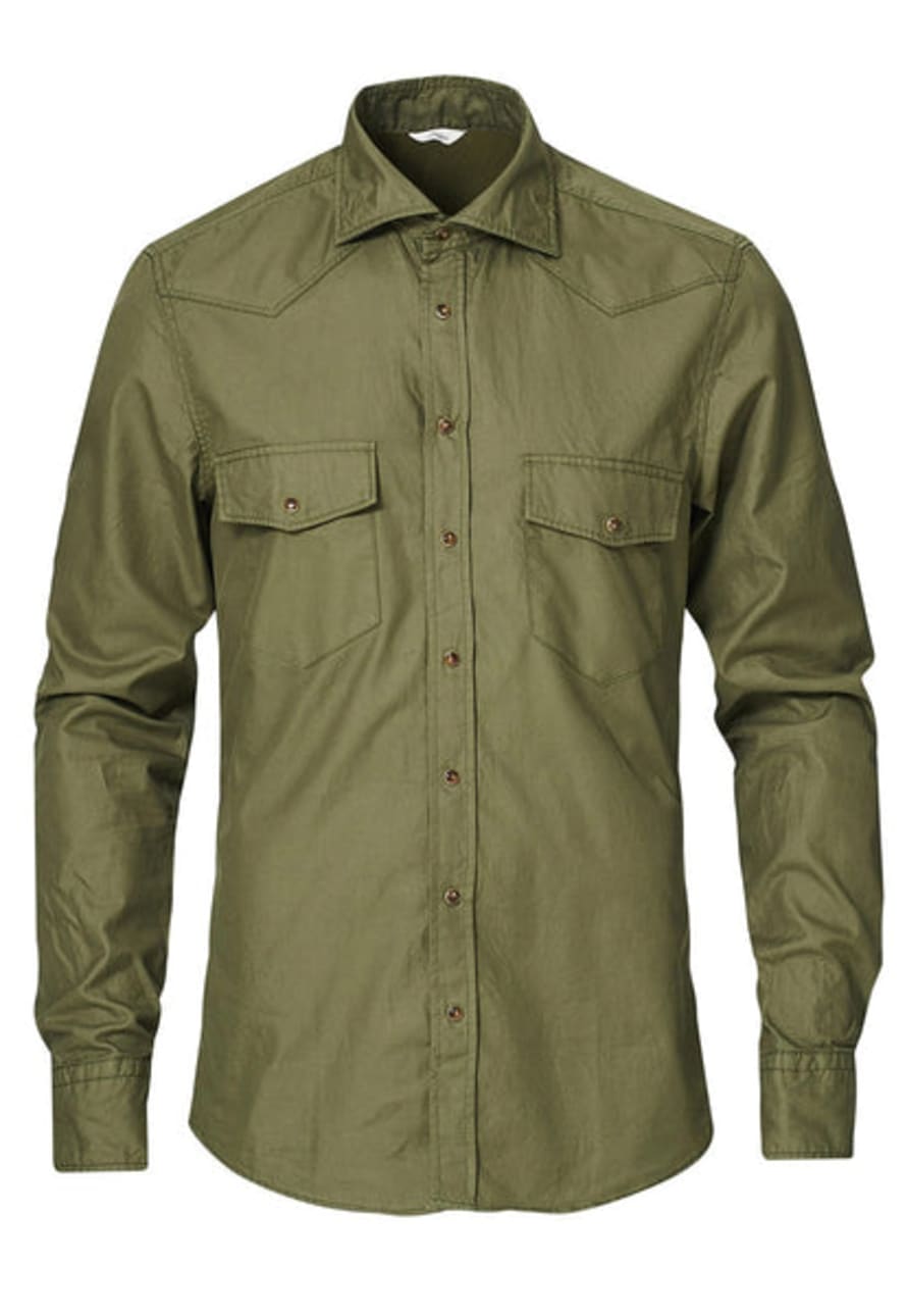 Stenstroms Khaki Green Slimline Casual Overshirt with Snap Buttons