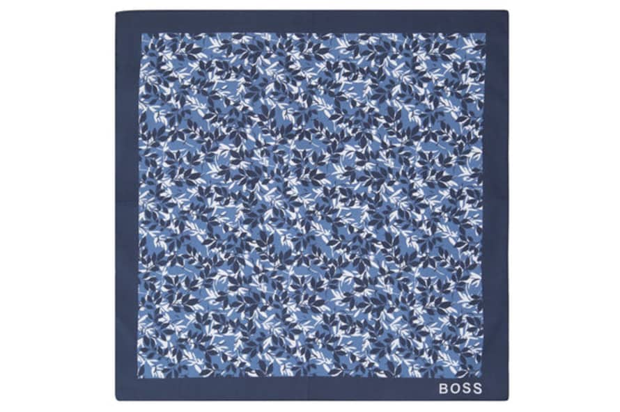 Hugo Boss Tonal Blue Cotton Pocket Square in Blue Leaf Print
