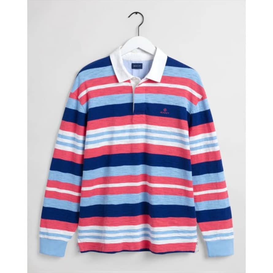 Gant Paradise Pink Surf Heavy Rugger Long Sleeve Polo Shirt in Striped Design Print