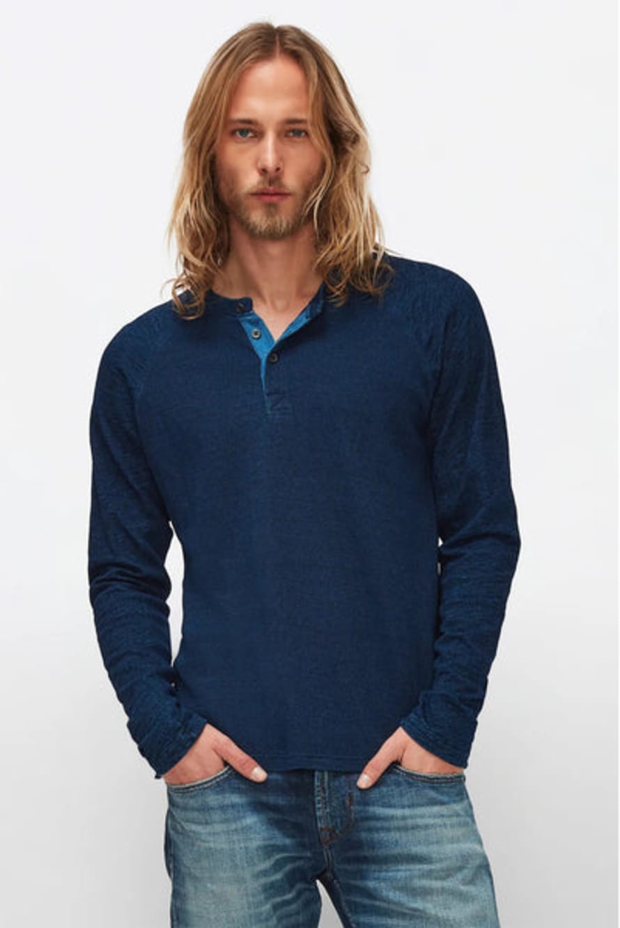 7 For All Mankind  Mid Blue Cotton Textured Cotton Henley Long Sleeved Tee