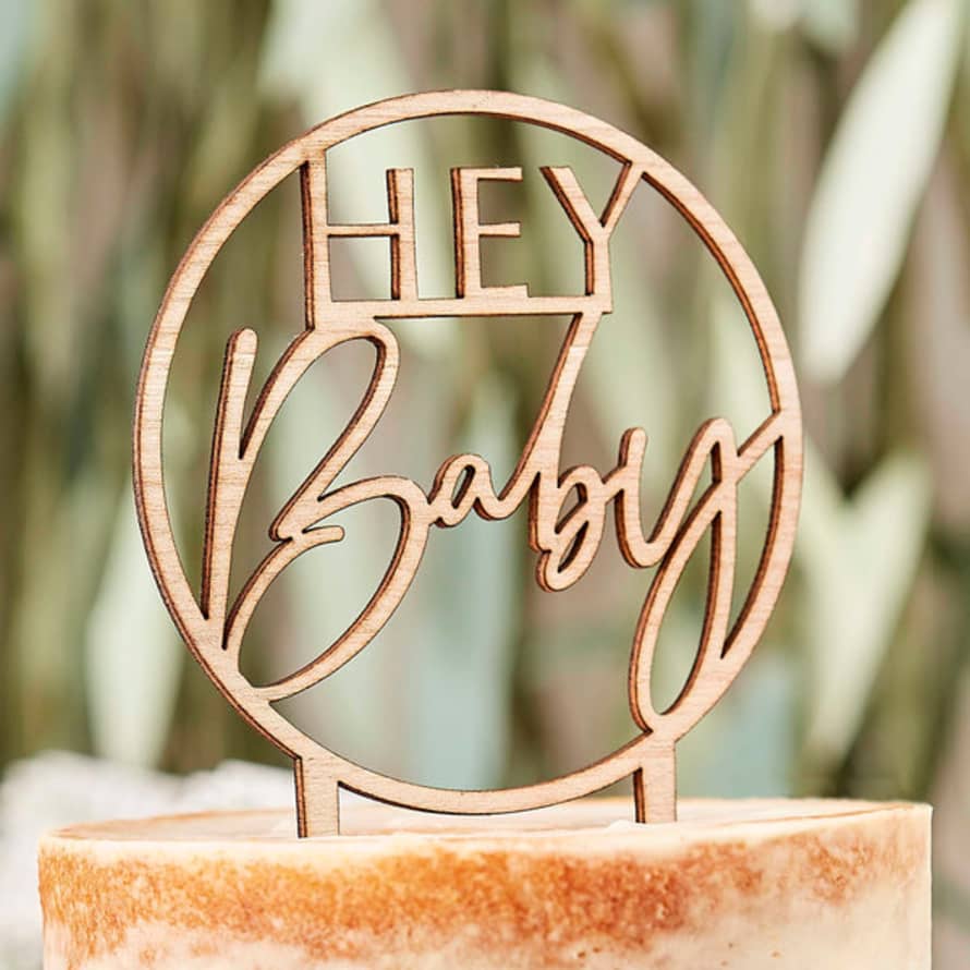 Ginger Ray Wooden Hey Baby Shower Cake Topper