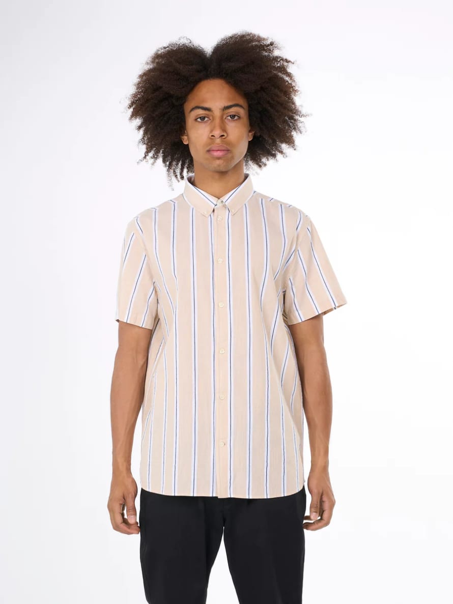 Knowledge Cotton Apparel  1090013 Relaxed Fit Striped Short Sleeved Cotton Shirt 8002 Stripe Safari
