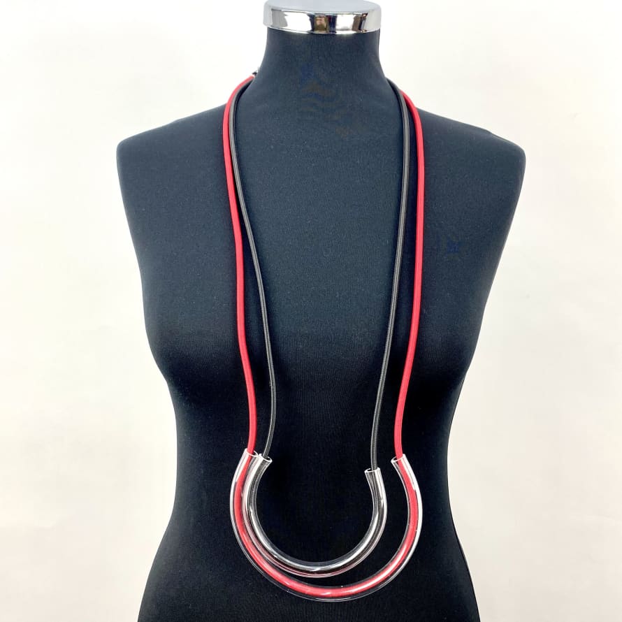 Christina Brampti  Red and Black Elastic Cord Nacklacer with Plexiglass