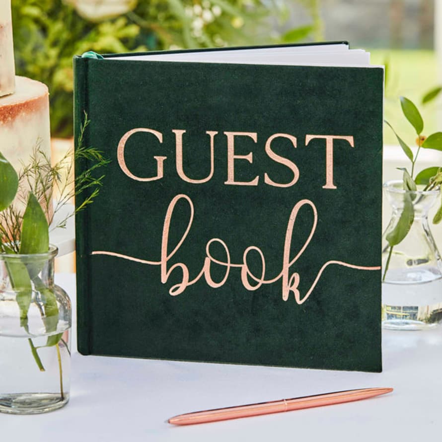 Ginger Ray Green Velvet Foiled Wedding Guest Book
