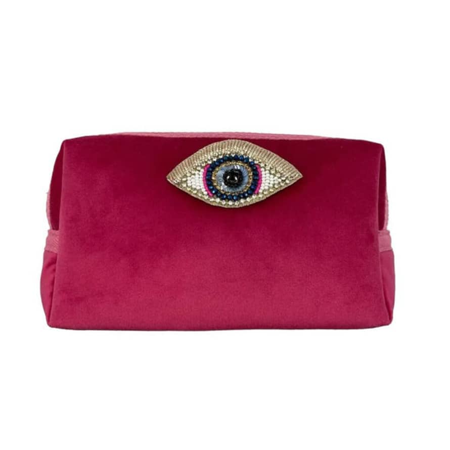SIXTON LONDON Bright Pink Make-up Bag With A Golden Eye Pin - Recycled Velvet