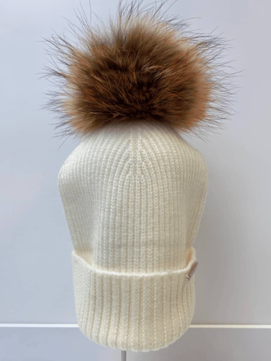 BKLYN  Ivory Wool Beanie Hat with Tiger Pom Pom