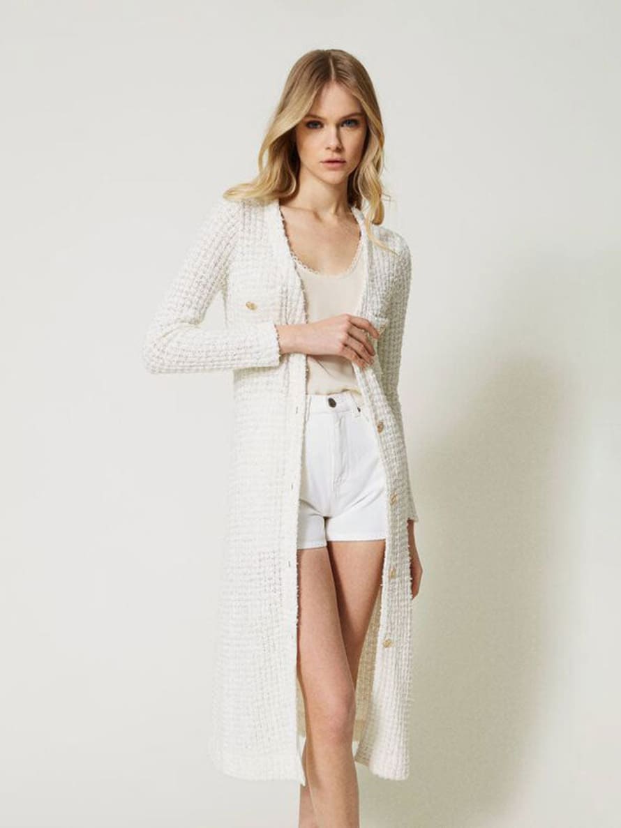 Twinset  White Snow Cream Jacquard Cardigan With Sequins