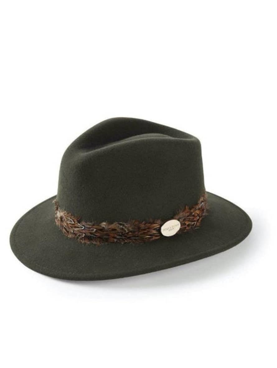 Hicks and Brown Olive Green Suffolk Fedora with Pheasant Feather Brown Wrap