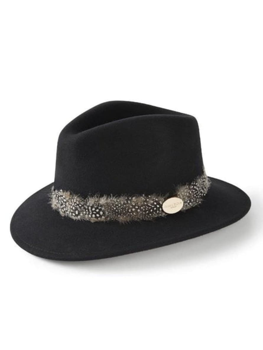 Hicks and Brown Black Guinea Suffolk Fedora with Feather Black and White Wrap