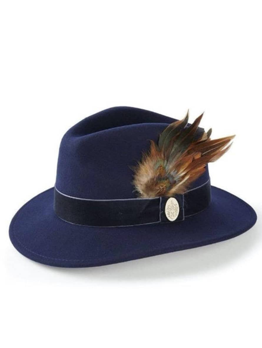 Hicks and Brown Navy Velvet Coque Chelsworth Fedora with Pheasant Feather