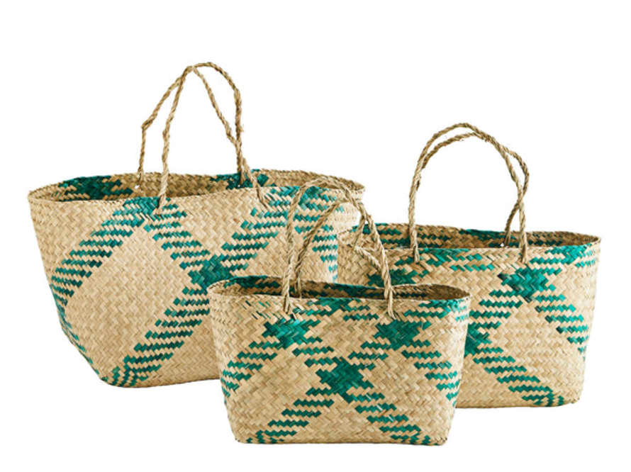 Madam Stoltz Medium Green Colourful Striped Seagrass Baskets with Handles
