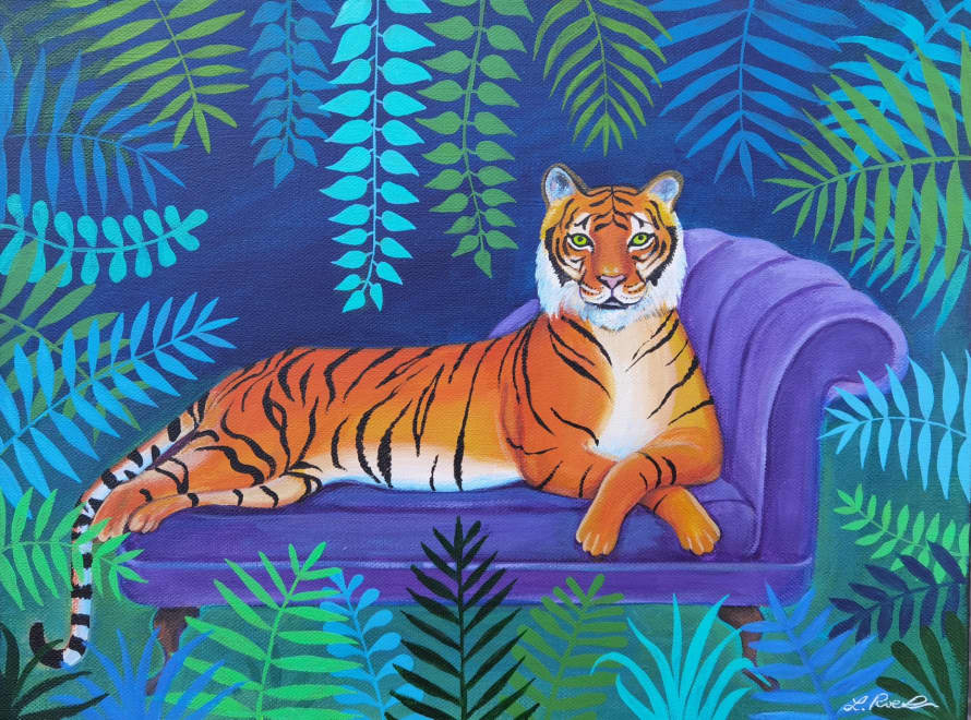 Laura Robertson Artist Tiger on a Chaise Longue A4 Art Print