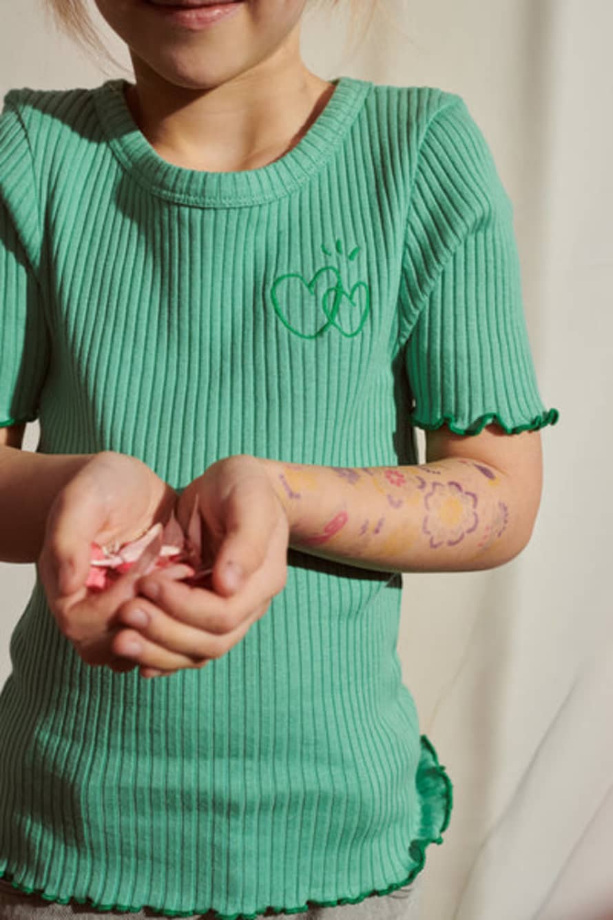 LOVE kidswear Bea T-shirt In Emerald Green Rib Jersey With Small Hearts Embroidery For Kids