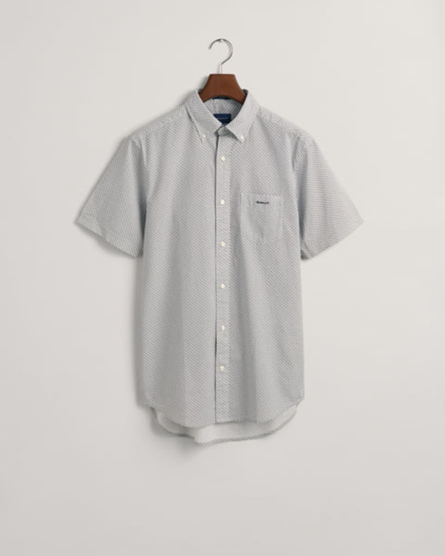 Gant - Regular Fit Micro Print Short Sleeve Shirt In White And Evening Blue