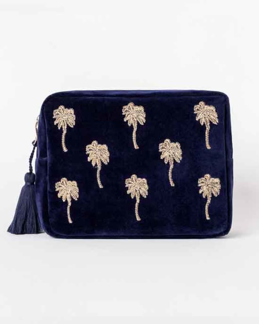 Elizabeth Scarlett Gold Palm Navy Velvet Wash Bag