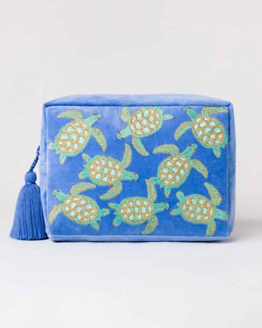 Elizabeth Scarlett Swimming Turtle Marine Blue Velvet Wash Bag