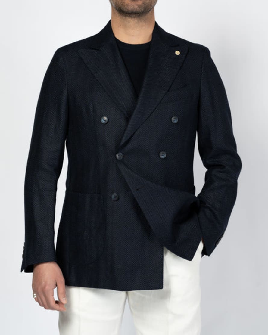 CAVALIERE Beau Dark Blue Double Breasted Linen and Wool Jaacket