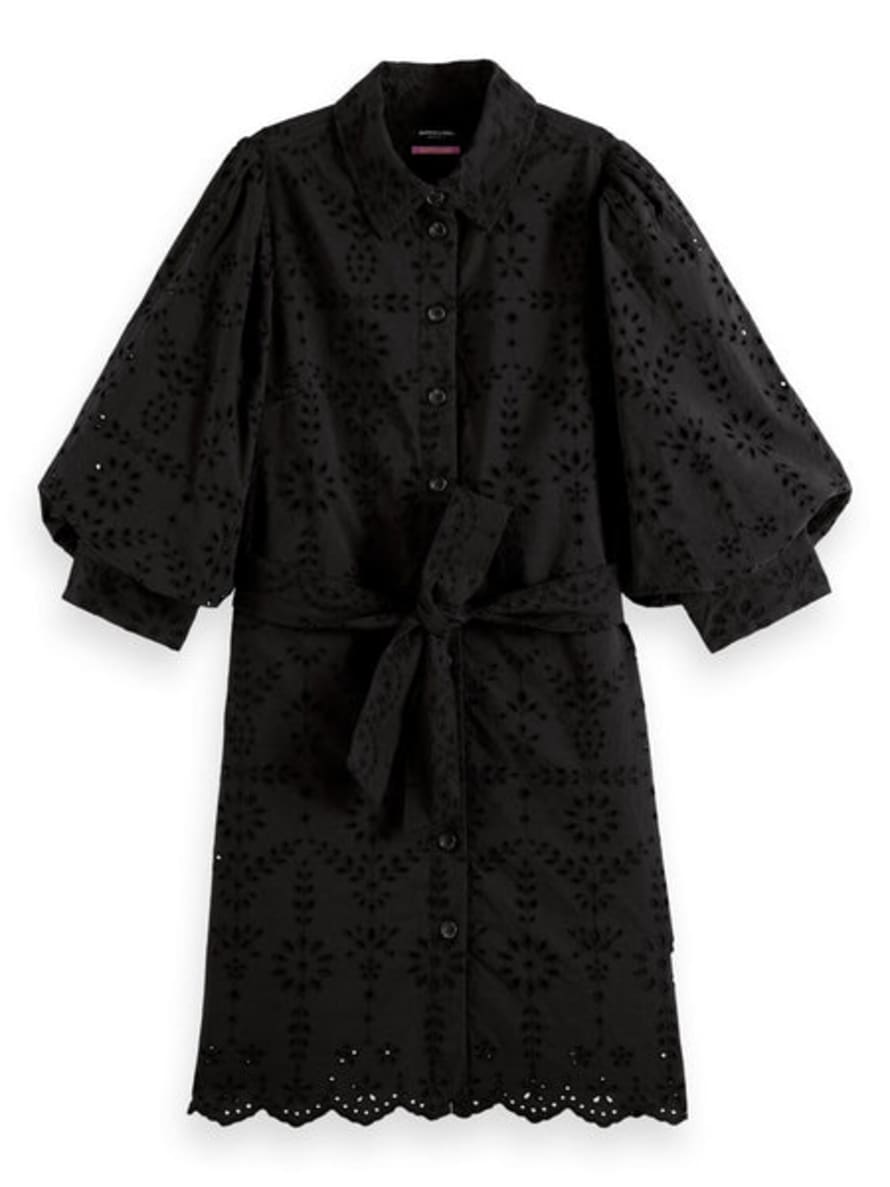 Scotch & Soda Black Puff Sleeve Embroidered Dress