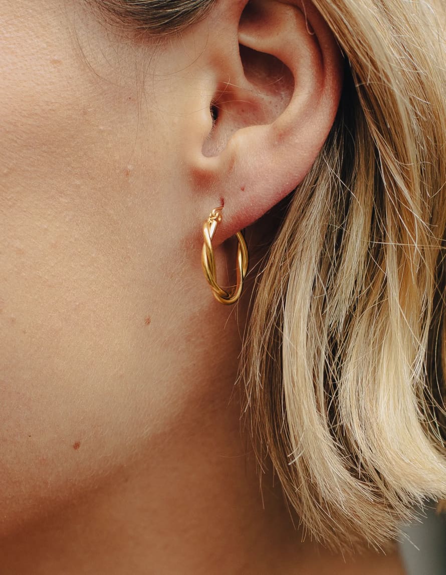 Nordic Muse Gold Medium Entwined Latch Hoop Earrings, Waterproof