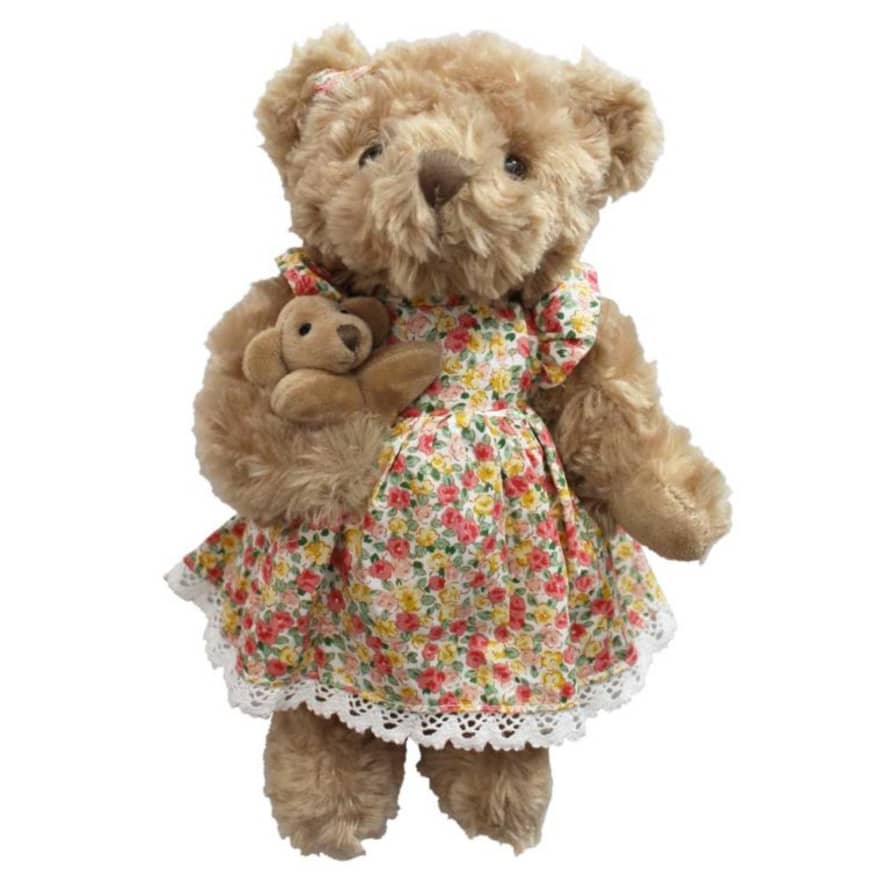Powell Craft Teddy Bear In Yellow Dress with Baby Bear