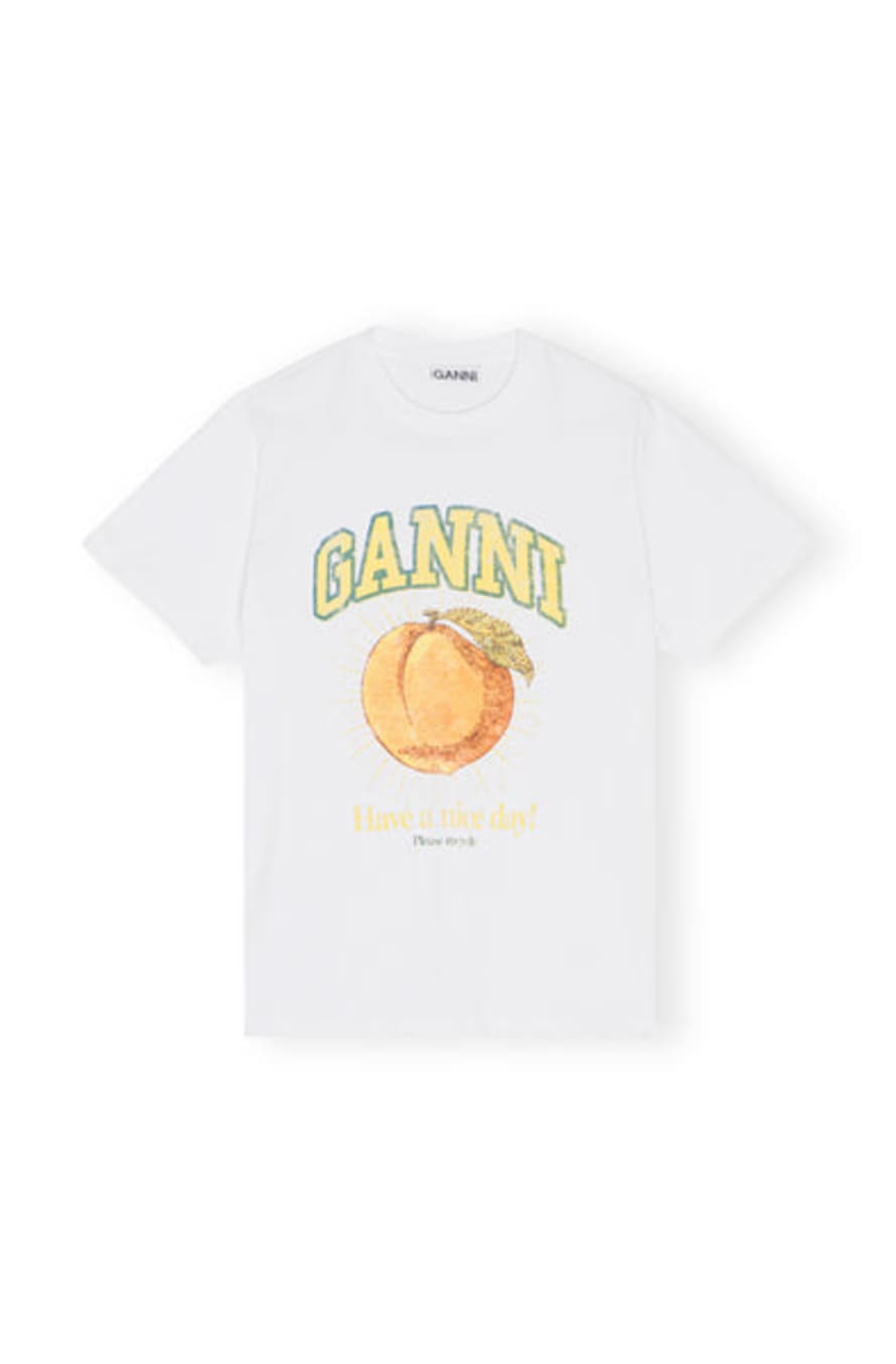 Ganni White Peach Logo Print Short Sleeve T Shirt