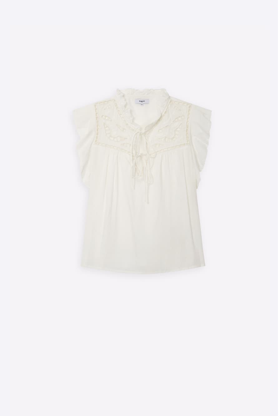 SuncooParis Off White Lolita Embroidered Fluid Blouse with Ruffles