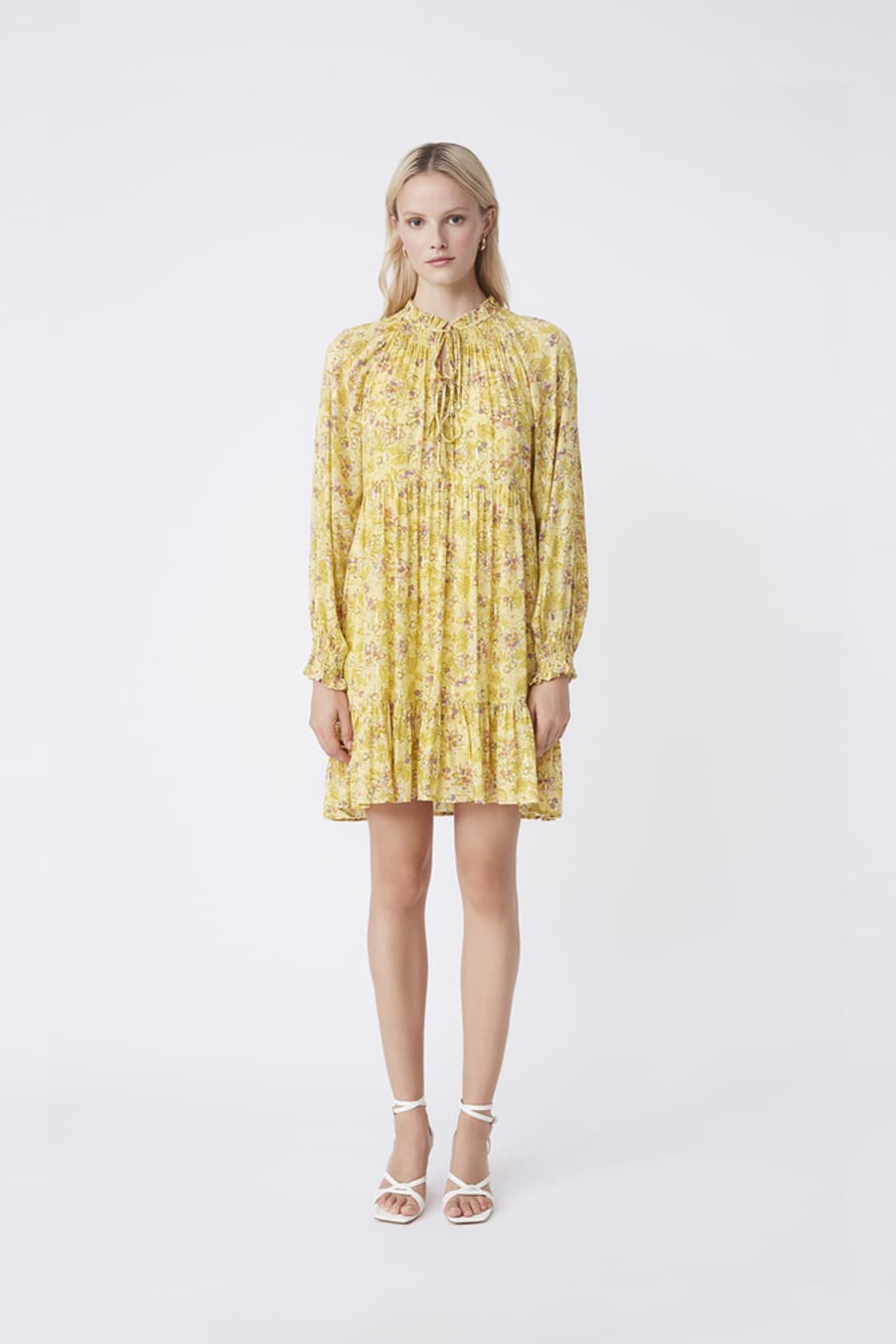 SuncooParis Yellow Carole Flowing Dress with Floral Print