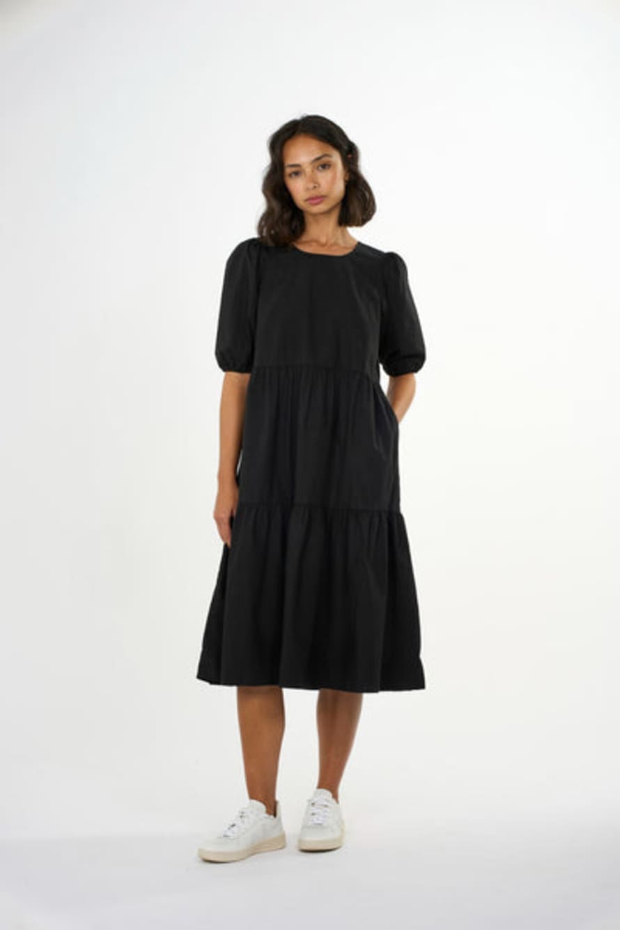 Knowledge Cotton Apparel  Puff Sleeves Poplin Black Dress