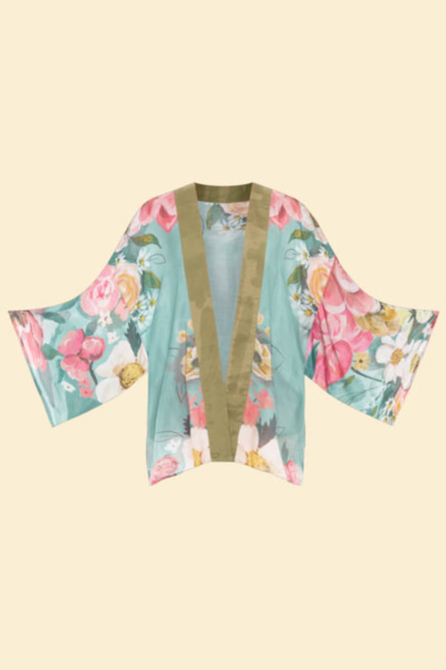 Powder Teal Impressionist Floral Kimono Jacket