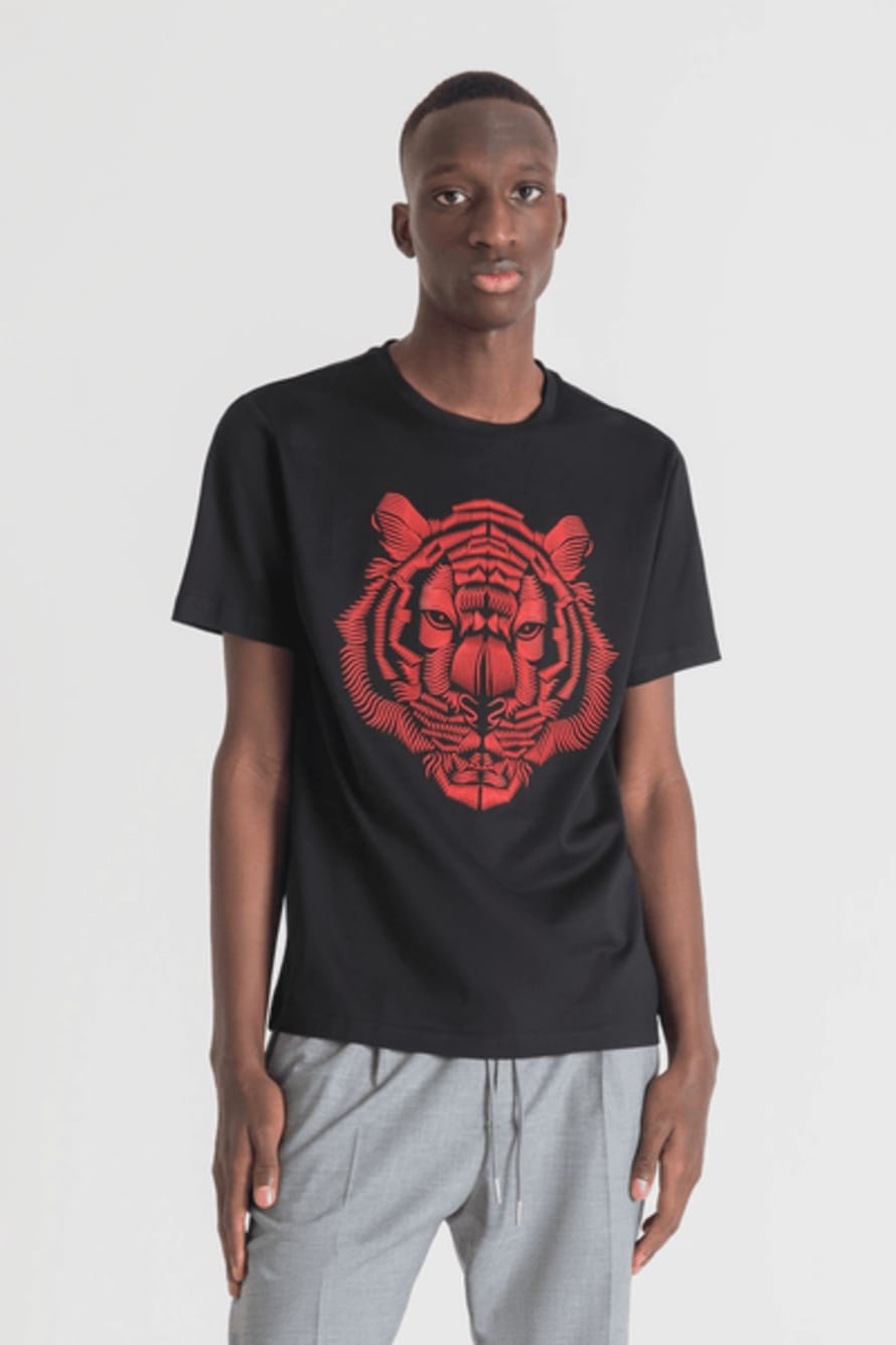 ANTONY MORATO Black and Red Tiger Printed Slim Fit T Shirt 