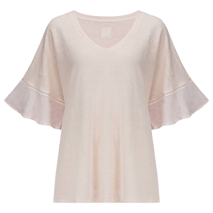120% Lino Jersey Linen Frill Sleeve Top in Rose Soft Fade