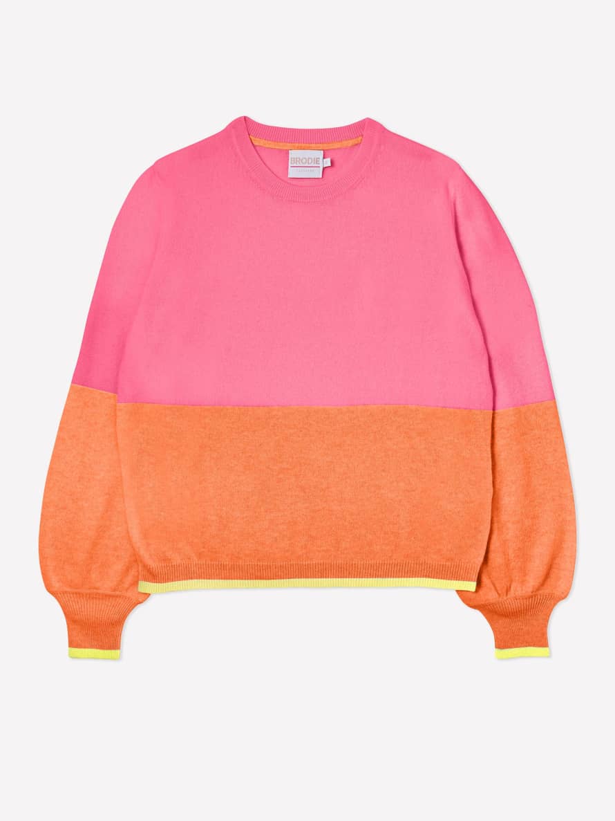 Brodie Cashmere Pink and Orange Balloon Sleeve Colours Block Sweater