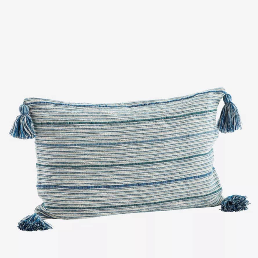 Madam Stoltz Striped Cushion Cover - Off White, Blue, Emerald & Grey