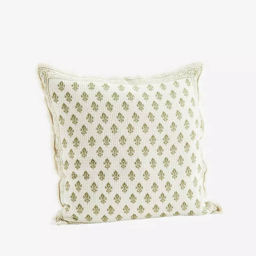 Madam Stoltz Printed Cotton Cushion Cover - Off White & Green 