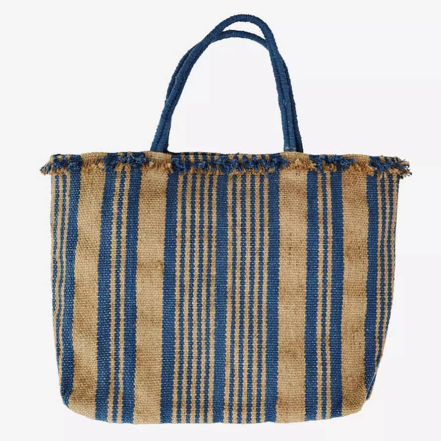 Madam Stoltz Natural and Blue Handwoven Striped Bag