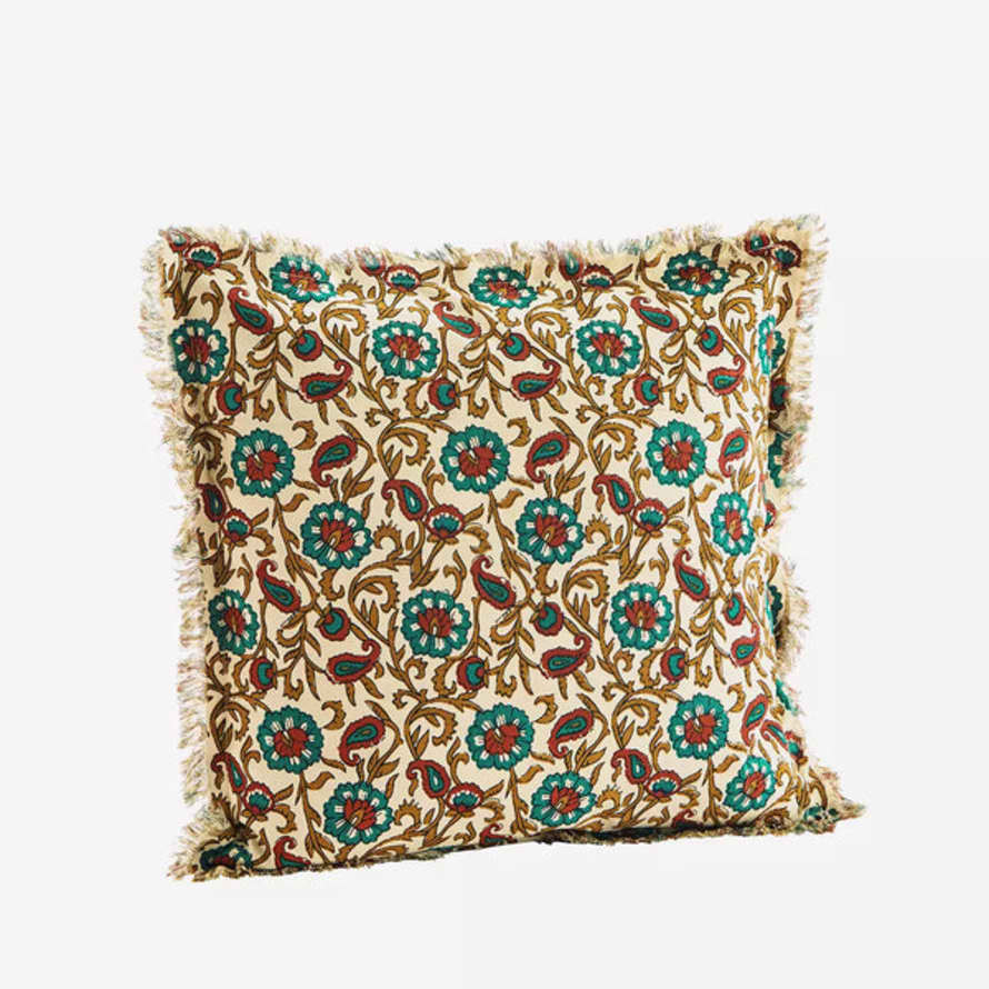 Madam Stoltz Printed Cushion Cover with Fringes - Beige & Green 
