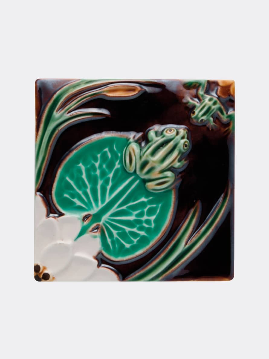 Bordallo Pinheiro Brown and Green Handpainted Portuguese Watter Lily with Frog Tile