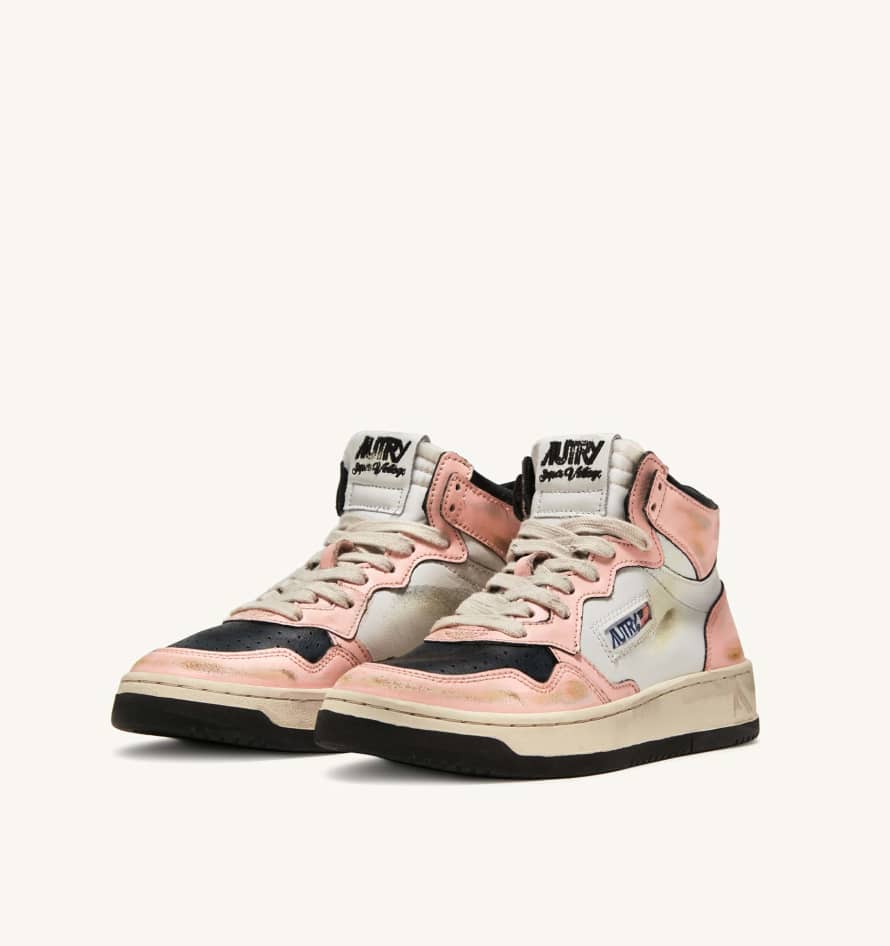Autry SUPER VINTAGE MID MEDALIST SNEAKERS IN WHITE AND PINK LEATHER