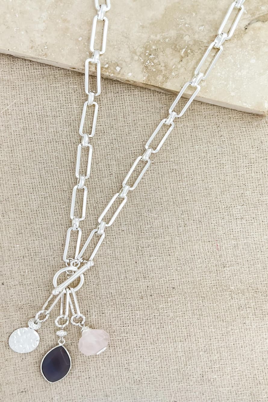 Envy Long Silver Necklace with Semi Precious Charms