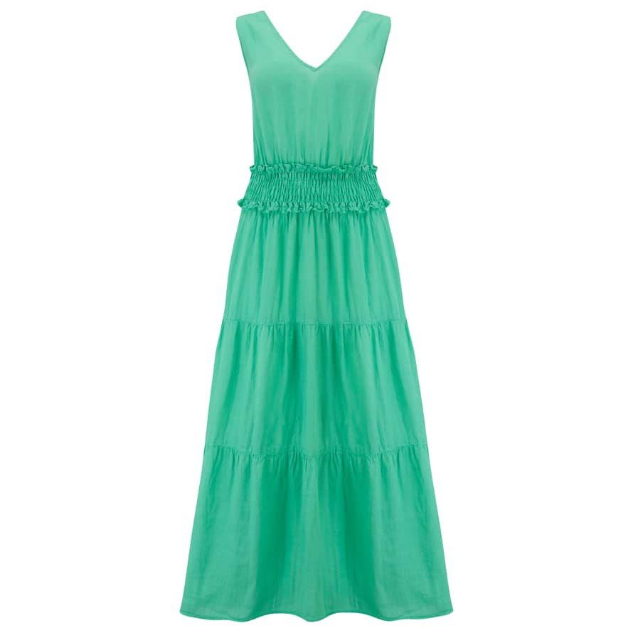 120% Lino Sleeveless Tiered Dress in Emerald