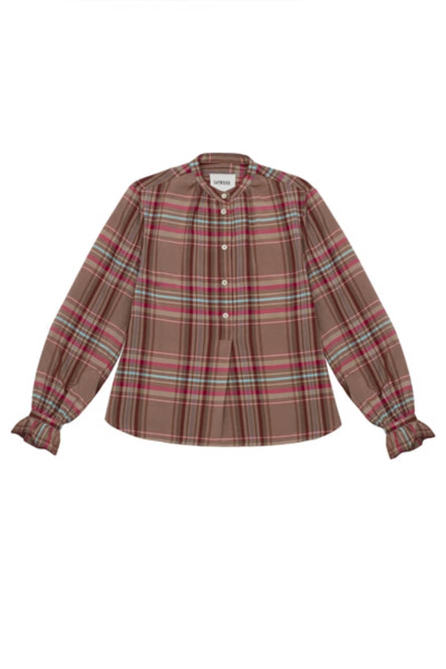 Percy Langley Marie Gather Neck A-line Blouse, Pink Check By Saywood