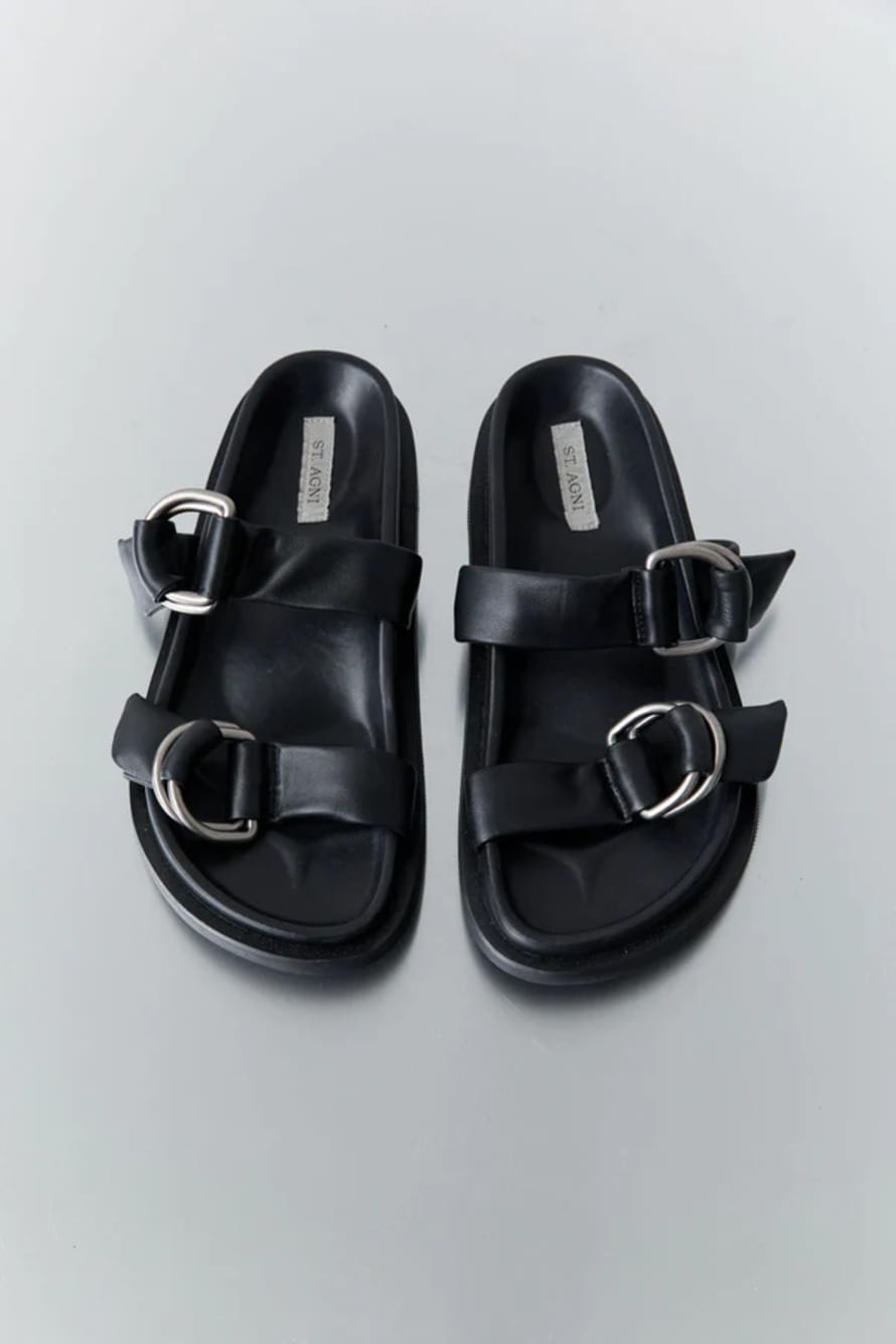 St. Agni Black Ring Detail Leather Sandals