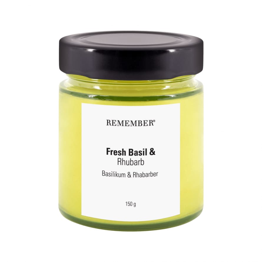 Remember Remember Scented Candle In 100% Soy Wax Fresh Basil & Rhubarb Fragrance Burn Time 35 Hours