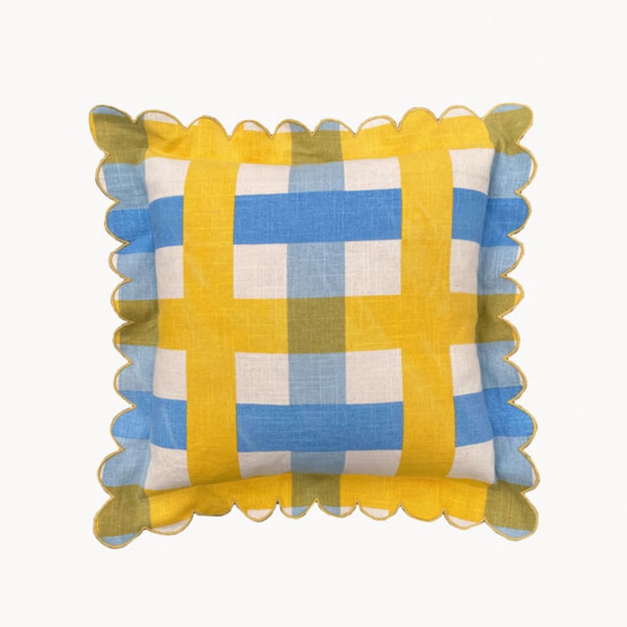 Amuse La Bouche - Outdoor Lemon & Azure Check Scallop Cushion Cover