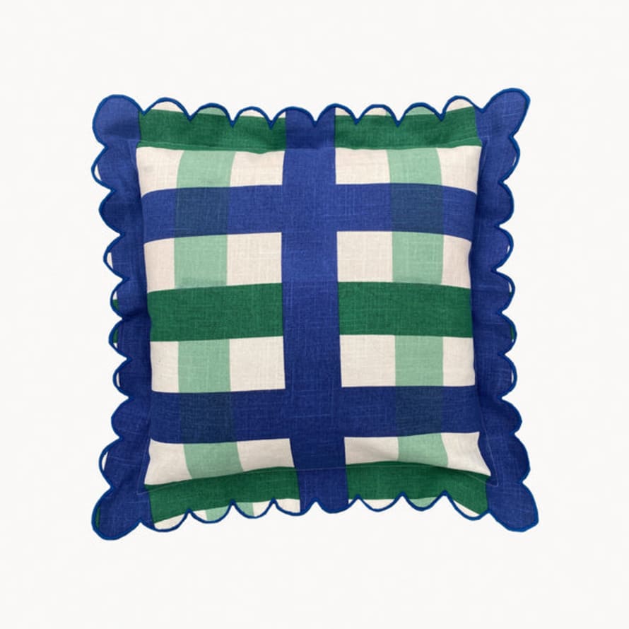 Amuse La Bouche - Outdoor Verde & Navy Check Scallop Cushion Cover