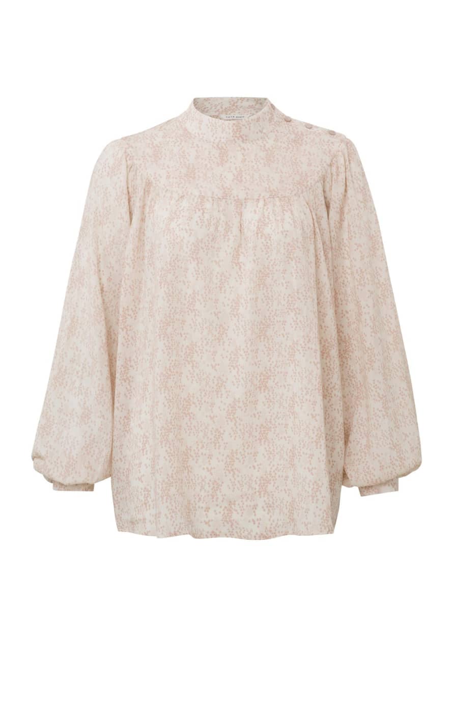 Yaya Birch Sand Blouse with High Neck and Balloon Sleeves