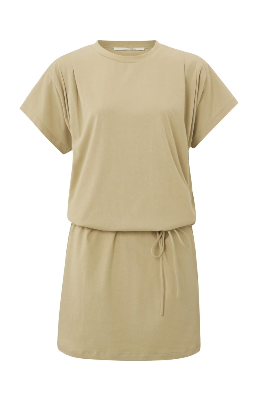 Yaya Safari Sand Dress with Round Neck Short Sleeves and Waist Belt
